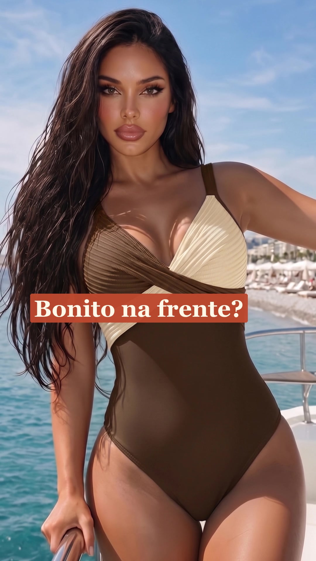 Maiô bicolor marrom e creme com frente cruzada no Reel da Mandoras